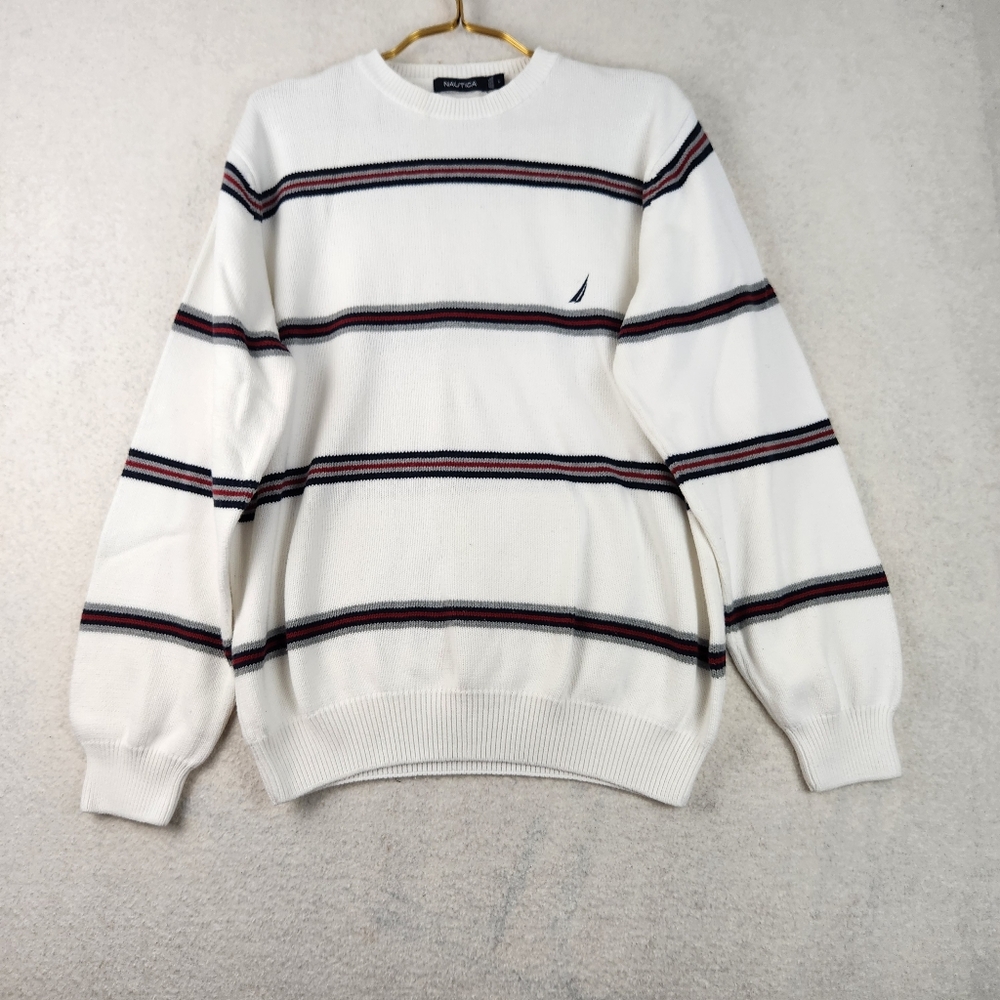 Nautica Mens Size Large Cotton Ribbed Knit Crew Neck Striped Pullover Sweater